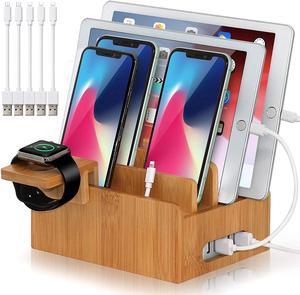 Pezin & Hulin Desktop Charging Station,HUB Wall Charger for Smart phones, iPhone, iPad ,Tablets ,Bamboo color.(Includes 5 Cables,Watch Stand)