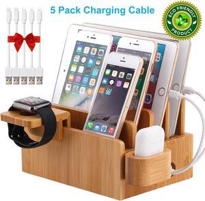 Pezin & Hulin Bamboo Charging Station for Multiple Devices, Desktop Docking Stand for Cell Phone, Tablet, iWatch, AirPod Charge Stand (Includes iWatch & Airpod Stand, 5 Cables) (No USB Charger)