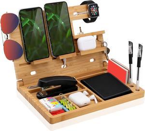 Wood Phone Docking Station, Foldable Key Holder Wallet Nightstand Organizer, Men Gift Husband Anniversary Compatible with Phone Watch Sunglasses Pen Gadgets