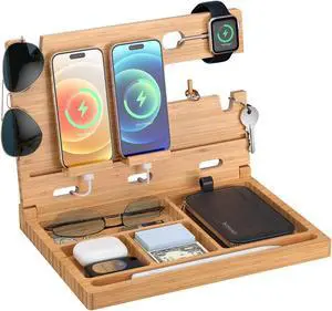 Pezin & Hulin Mens Gifts Wooden Phone Docking Station, Office & Home Desktop Table Organizer for Any Phone, Earphones, Watch, Keys