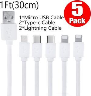 Pezin & Hulin USB-A to Lightning Cable/ Type C Cable/Micro USB, Fast Charging (1ft 5-Pack), for Apple iPhone, iPad Pro, AirPods, Samsung