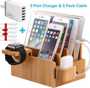 Pezin & Hulin Bamboo Phone Charging Station Dock & Organizer, with 5 Short Cables, 5 Ports USB Charger, Multi Devices USB Charger Dock for iPhone, Samsung Galaxy, Cell Phone, Apple, Tablet
