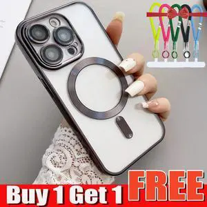 Pezin & Hulin Plating Soft TPU Full Lens Protect Magnetic MagSafe Clear Phone Case Cover for iPhone 14promax (with Lanyard)Black