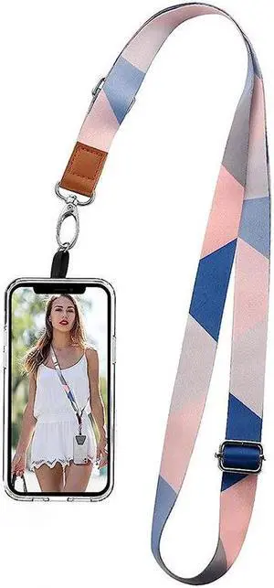 Pezin & Hulin 138cm Adjustable Mobile Phone Lanyard, Diagonal Neck Hanging, Anti-lost Fixed Clip Patch, Widened Wrist Rope Blue + Pink