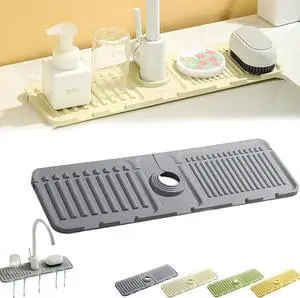Pezin & Hulin Kitchen Sink Splash Guard Silicone Faucet Drain Pad Drip Catcher Tray Slip Mat (16.1" x 4.7"), Grey