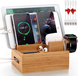 Bamboo Charging Station for Multiple Device, Pezin & Hulin Desktop Phone Docking Station Organizer, Included 5 Charging & Sync Cables, iWatch & AirPod Stand (NO USB Charger)