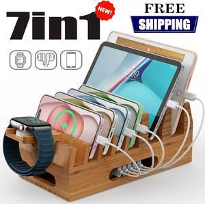 Pezin & Hulin 7-in-1 Usb Charging Station + Charge HUB + 5 Cable, Desktop Cell Phone Stand, Device Storage, Portable Phone Charger Stand Holder for iPhone Samsung, iPad, Kindle, eBook Reader