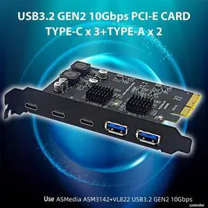 Weastlinks 10Gbps PCIE4X to 5 USB Expansion Card PCI Express X4 to 3 Port Type C + 2 Port USB A USB3.2 Gen2 Adapter ASM3142 VL822 Chip