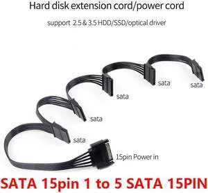 Weastlinks 2pcs New SATA 15Pin M 1 to 5 SATA 15Pin F Hard Drive Power Supply Splitter Cable Cord for DIY PC Sever 15-pin Power Adapter 60CM Wire