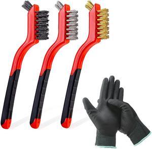 Aimeixin 3 Pcs 7-inch Wire Brush Set - Nylon/Brass/Stainless Steel Brushes Head with Curved Handle Grip PU Nylon Coated Gloves for Rust, Dirt & Paint Scrubbing (3PCS-Nylon/Brass/Stainless Steel)