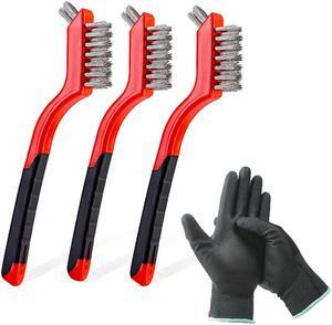 Aimeixin 3 Pcs 7-inch Wire Brush Set - Nylon/Brass/Stainless Steel Brushes Head with Curved Handle Grip PU Nylon Coated Gloves for Rust, Dirt & Paint Scrubbing (3PCS-Stainless Steel)