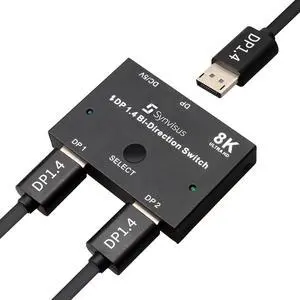 Synvisus Displayport Switch 8K, Bi-Directional Switch 2 In 1 Out/1 to 2 DP1.4 Switcher, 3D UHD 8K@30Hz, 4K@120Hz, Manual Switch DP Switcher for Monitor Projector TV PC Laptop Game Console etc