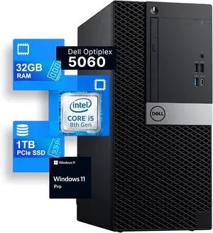 Dell OptiPlex 5060 Tower Desktop PC - Intel Core Core i5-8500 3.0GHz 32GB RAM 1TB SSD - Intel Integrated Graphics - Windows 11 Pro Dell OptiPlex 5060 Tower Desktop PC - Intel Core Core i5-8500 3.0GHz 32GB RAM 1TB SSD - Intel Integrated Graphics - Windows 11 Pro