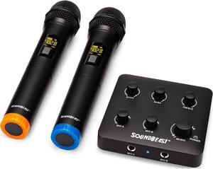 SoundBeast Wireless Karaoke & PA Mixer System - Includes 2 Wireless Microphones & 1 Mini Mixer - Bluetooth, Aux, Optical Input - Optical & Aux Output