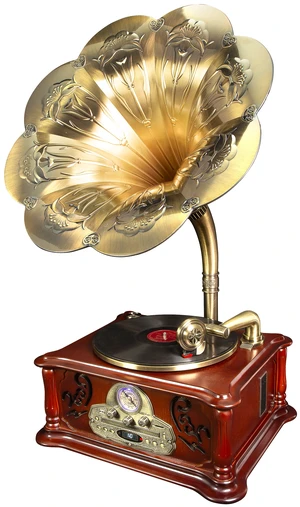 Olden Days All-in-One Record Player | Authentic Vintage Style | Bluetooth Input | CD Player | AM/FM Radio | USB/SD Playback | Speakers & Horn | Handmade Real Wood Exterior Olden Days All-in-One Record Player | Authentic Vintage Style | Bluetooth Input | CD Player | AM/FM Radio | USB/SD Playback | Speakers & Horn | Handmade Real Wood Exterior