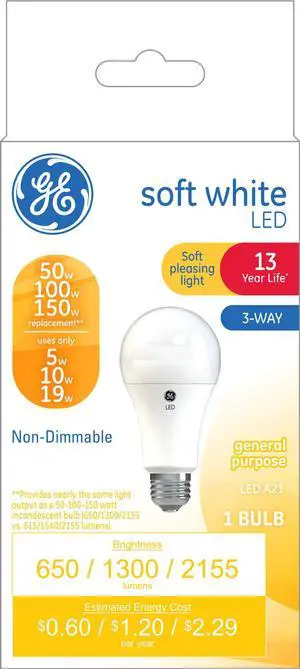 GE soft white LED 3-WAY A21 50 watt 100 watt 150 watt equivalent LED light bulb