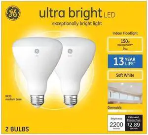 GE ultrabright 150 watt equivalent LED BR30 soft white Dimmable Flood Light bulb (2 pack) GE ultrabright 150 watt equivalent LED BR30 soft white Dimmable Flood Light bulb (2 pack)