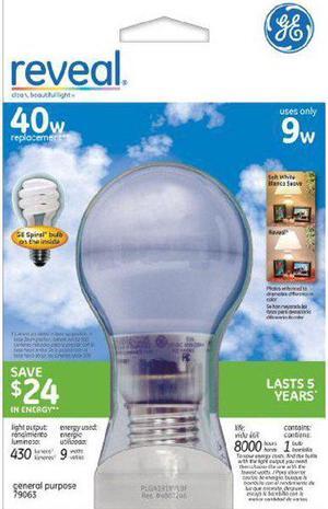 GE Lighting 79063 Reveal CFL 9-Watt (40-watt replacement) 430-Lumen A19 Light Bulb with Medium Base, 1-Pack