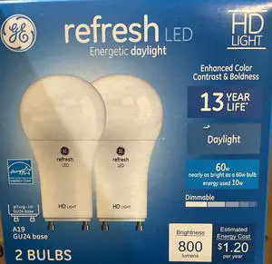GE refresh LED Daylight 60W equivalent 800 lumens Dimmable plug-in GU24 base 2 pack GE refresh LED Daylight 60W equivalent 800 lumens Dimmable plug-in GU24 base 2 pack