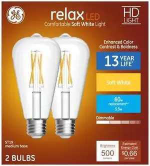 GE relax LED Vintage 60 watt equivalent ST19 Soft White Dimmable Decorative Light Bulb (2-Pack) GE relax LED Vintage 60 watt equivalent ST19 Soft White Dimmable Decorative Light Bulb (2-Pack)