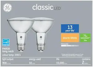 GE classic LED PAR30 Long neck 75 watt equivalent Warm White LED bulbs (2 pack) GE classic LED PAR30 Long neck 75 watt equivalent Warm White LED bulbs (2 pack)