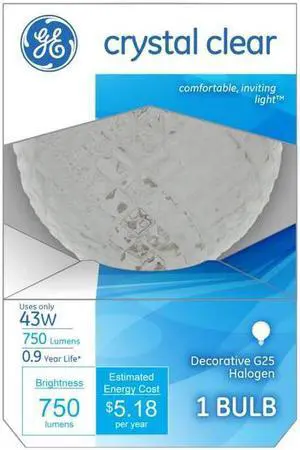 GE 43 Watt Dimmable Soft White G25 Halogen Decorative Light Bulb 750 lumens (6 pack) GE 43 Watt Dimmable Soft White G25 Halogen Decorative Light Bulb 750 lumens (6 pack)