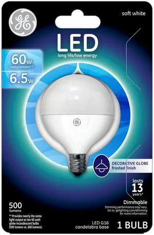 GE Lighting 37934 LED G16 Decorative Bulb with Candelabra Base, 7-Watt, Soft White, 1-Pack