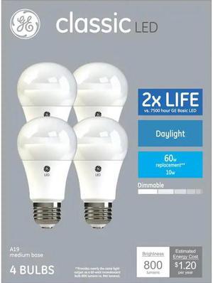 GE classic LED 60 watt equivalent A19 Daylight Dimmable LED light bulbs (4 pack)