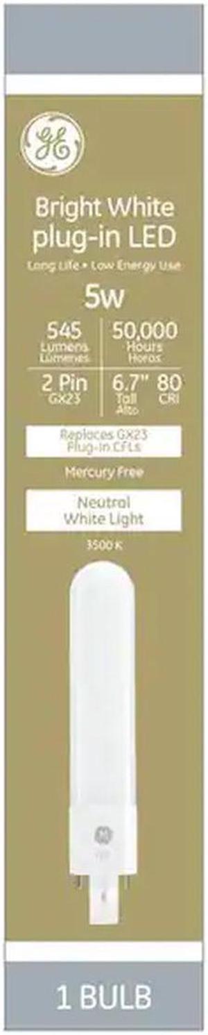 GE 30543 plug-in LED Neutral White 3500K, 5 watts 545 lumens 2 pin GX23 socket,  3500K LED upgrade replacement for CFL compact fluorescent Plug-in GX23 bulb, LED5GX23/835