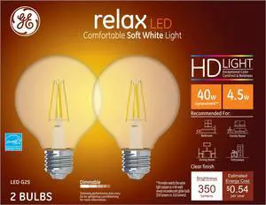 GE Lighting 31536 Clear Finish Light Bulb Relax HD Dimmable LED G25 Decorative Globe 4.5 (40-Watt Replacement), 350-Lumen Medium Base, 2-Pack, Soft White, 2 Count GE Lighting 31536 Clear Finish Light Bulb Relax HD Dimmable LED G25 Decorative Globe 4.5 (40-Watt Replacement), 350-Lumen Medium Base, 2-Pack, Soft White, 2 Count