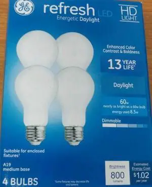 GE 52772 refresh LED 60 watt equivalent Daylight Dimmable A19 HD Light LED Light bulb (4 pack) GE 52772 refresh LED 60 watt equivalent Daylight Dimmable A19 HD Light LED Light bulb (4 pack)