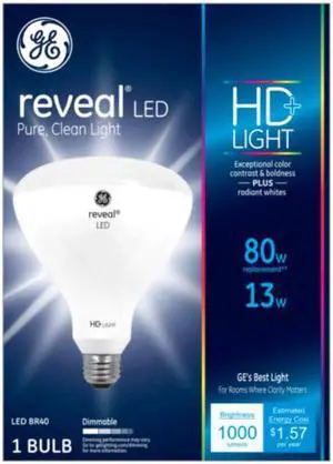 Ge reveal LED 80 watt equivalent BR40 light bulb radiant white Dimmable Ge reveal LED 80 watt equivalent BR40 light bulb radiant white Dimmable