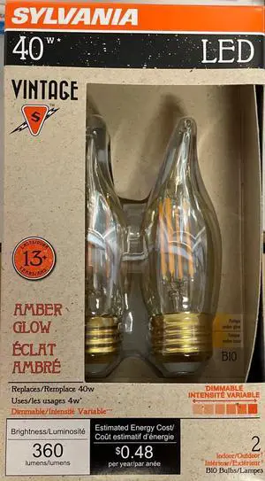 Sylvania Vintage LED Amber Glow 40 watt equivalent Decorative Candle Bent Tip (2pack)