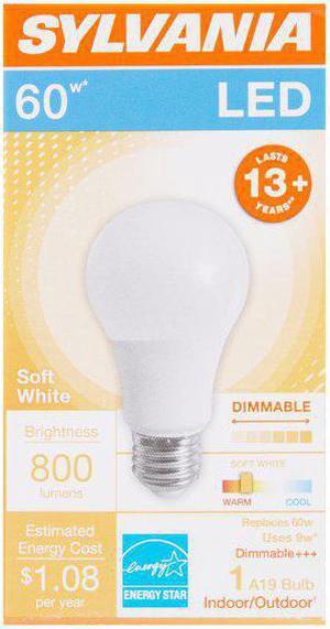 Sylvania LED 60 watt equivalent A19 Soft White, medium base, Dimmable