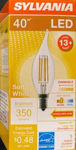 (4 pack) Sylvania LED Decorative Candle Light 40 watt equivalent Soft White Candelabra Base, Dimmable Light Bulb