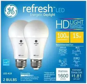 GE refresh LED 100 watt equivalent A19 Energetic Daylight Dimmable LED bulb (2 pack) GE refresh LED 100 watt equivalent A19 Energetic Daylight Dimmable LED bulb (2 pack)
