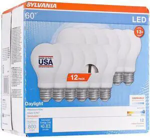 (12 pack) Sylvania LED A19 Daylight 60 watt equivalent Dimmable LED light bulbs