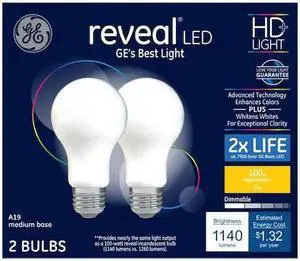 GE reveal LED 100 watt equivalent A19 Dimmable HD light (2 bulbs) GE reveal LED 100 watt equivalent A19 Dimmable HD light (2 bulbs)