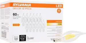 SYLVANIA LED Light Bulb Decor, 60W B10 Soft White Candelabra Base, Dimmable, Clear, Candle Tip - 12 Pack (40206)