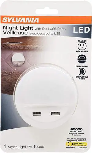 SYLVANIA LED Night Light with Dual USB Ports, Automatic Dusk to Dawn sensor, plug in LED NightLight