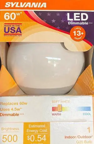 (6 bulbs) Sylvania 40472 LED Frosted Glass Globe, 60 watt equivalent, G25 Medium Base, 500 Lumen LED Light Bulb, Made in the USA