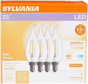 (12 bulbs) Sylvania LED Candle Flame B10 Bent Tip, 25 watt equivalent, Dimmable, Candelabra Base Filament LED Light Bulb