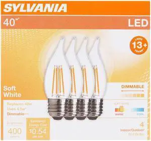 (4 pack) Sylvania Candle Flame LED 40 watt equivalent, Bent Tip, Dimmable, 2700K Soft White, Filament Light Bulb