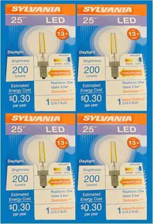 (4 pack) Sylvania LED G16.5 Globe, 25 watt equivalent, Daylight, Dimmable, Indoor Outdoor, Candelabra base LED Light Bulb