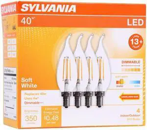(12 bulbs) Sylvania 40385 LED Candle Flame B10 Light Bulb, 40 watt equivalent, Indoor Outdoor, Dimmable, Bent Tip, Candelabra Base, Soft White