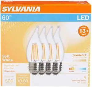 (4 pack) Sylvania LED Candle B10 Light Bulb, 60 watt equivalent, Dimmable, Soft White, Indoor Outdoor, LED Light Bulb, medium base (4 pack) Sylvania LED Candle B10 Light Bulb, 60 watt equivalent, Dimmable, Soft White, Indoor Outdoor, LED Light Bulb, medium base