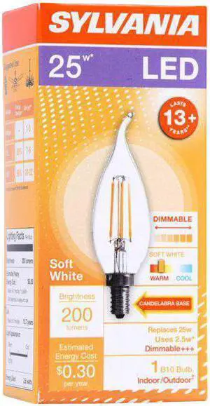 (12 bulbs) Sylvania LED B10 light bulb, 25 watt equivalent, candelabra base, Dimmable, Soft white, 200 lumens