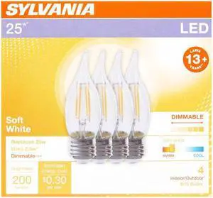 (4 pack) Sylvania LED 25 watt equivalent, 200 lumens, Dimmable, Candle B10 shape, Soft White LED Light Bulb, medium base