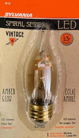 (12 bulbs) Sylvania 40502 Vintage LED, B10 Candle Flame, Dimmable, 2200K, Spiral Filament, Amber Glow, 125 lumens LED light bulb
