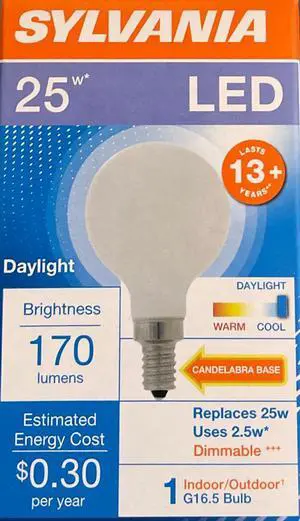 (4 bulbs) Sylvania LED G16.5 Globe, 25 watt equivalent, Candelabra Base, Frosted, Daylight, Dimmable LED Light Bulb